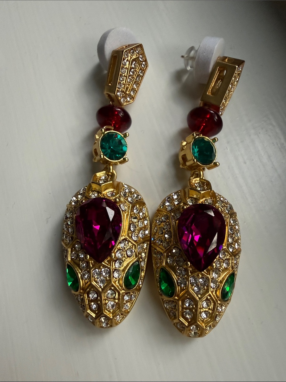 Gold-Tone Drop Earrings with Purple and Green Stones
